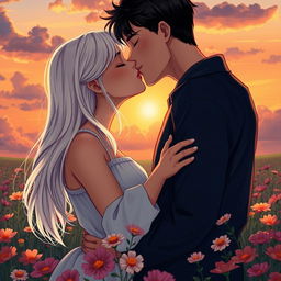 A scene of a beautiful dark-haired girl with platinum blonde hair and a dark-haired boy with black hair and brown eyes sharing a tender kiss