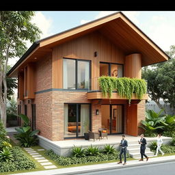 A contemporary luxury residence showcasing stunning architecture, featuring a ground floor design with a brick facade and warm wood finish elements