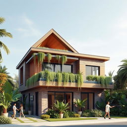 A contemporary luxury residence showcasing stunning architecture, featuring a ground floor design with a brick facade and warm wood finish elements