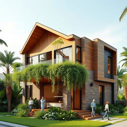 A contemporary luxury residence showcasing stunning architecture, featuring a ground floor design with a brick facade and warm wood finish elements
