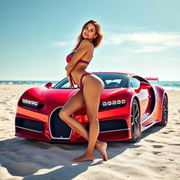 A sexy hot lady posing confidently in a vibrant red and blue bikini, standing next to a stunning red Bugatti Chiron