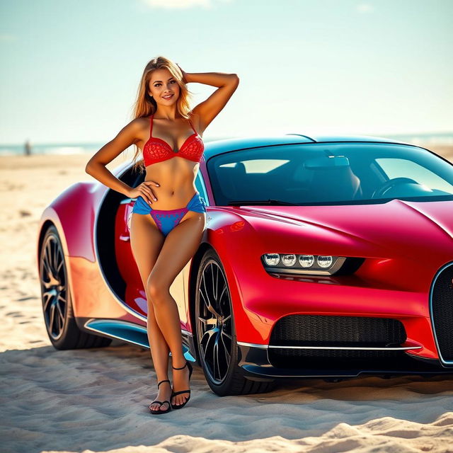 A sexy hot lady posing confidently in a vibrant red and blue bikini, standing next to a stunning red Bugatti Chiron