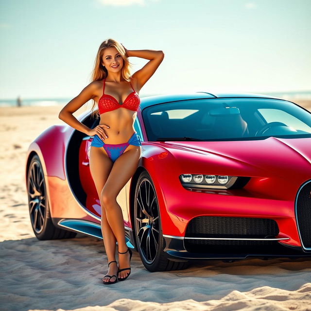 A sexy hot lady posing confidently in a vibrant red and blue bikini, standing next to a stunning red Bugatti Chiron