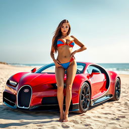 A sexy hot lady posing confidently in a vibrant red and blue bikini, standing next to a stunning red Bugatti Chiron