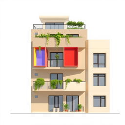 A 2D elevation of a contemporary architecture apartment, showcasing a facade adorned with shades of beige, cream, and light brown