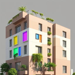 A 2D elevation of a contemporary architecture apartment, showcasing a facade adorned with shades of beige, cream, and light brown