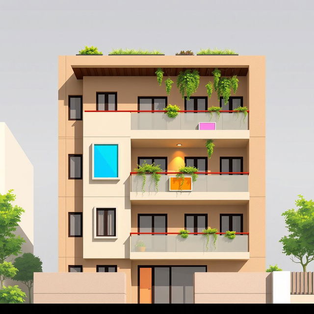 A 2D elevation of a contemporary architecture apartment, showcasing a facade adorned with shades of beige, cream, and light brown