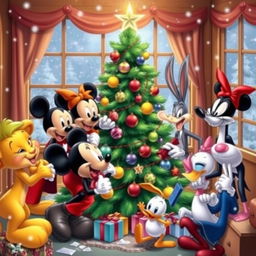A festive Christmas scene featuring beloved Disney characters: Mickey Mouse, Simba, Sylvester, Tweety, Looney Tunes characters, Donald Duck, Spider-Man, and the Pink Panther joyfully celebrating around a beautifully decorated Christmas tree