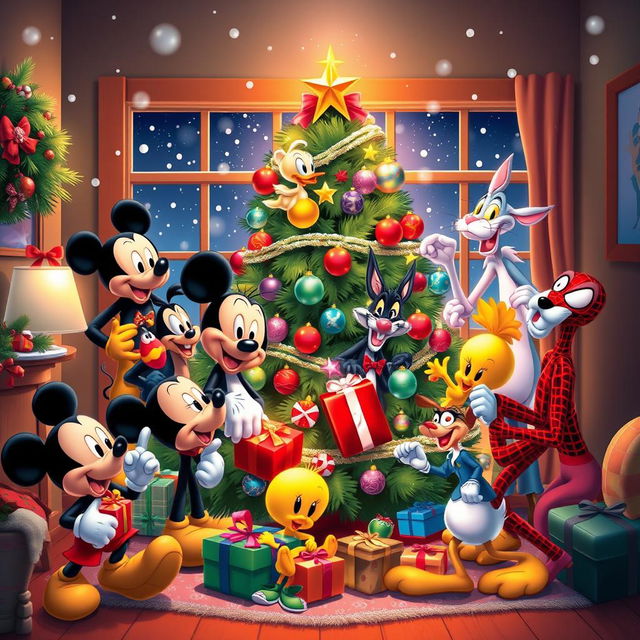 A festive Christmas scene featuring beloved Disney characters: Mickey Mouse, Simba, Sylvester, Tweety, Looney Tunes characters, Donald Duck, Spider-Man, and the Pink Panther joyfully celebrating around a beautifully decorated Christmas tree