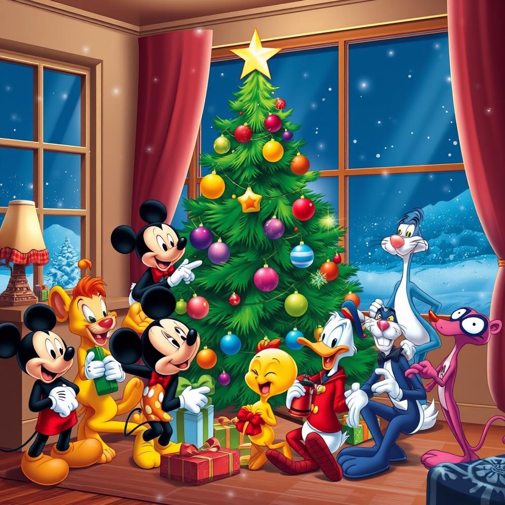 A festive Christmas scene featuring beloved Disney characters: Mickey Mouse, Simba, Sylvester, Tweety, Looney Tunes characters, Donald Duck, Spider-Man, and the Pink Panther joyfully celebrating around a beautifully decorated Christmas tree