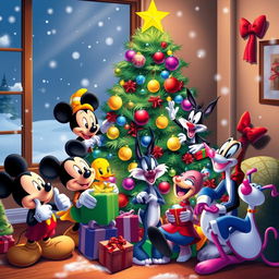 A festive Christmas scene featuring beloved Disney characters: Mickey Mouse, Simba, Sylvester, Tweety, Looney Tunes characters, Donald Duck, Spider-Man, and the Pink Panther joyfully celebrating around a beautifully decorated Christmas tree