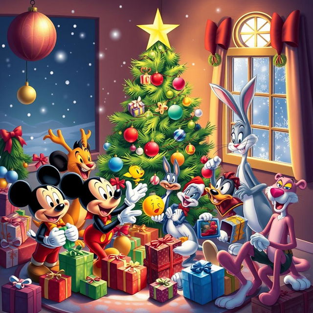 Mickey Mouse, Simba, Sylvester, Tweety, Bugs Bunny, Donald Duck, Spider-Man, and the Pink Panther joyfully celebrating Christmas around a beautifully decorated Christmas tree