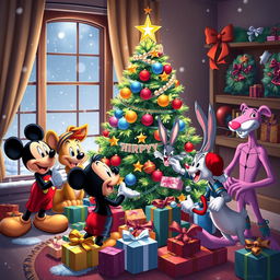 Mickey Mouse, Simba, Sylvester, Tweety, Bugs Bunny, Donald Duck, Spider-Man, and the Pink Panther joyfully celebrating Christmas around a beautifully decorated Christmas tree