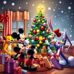 Mickey Mouse, Simba, Sylvester, Tweety, Bugs Bunny, Donald Duck, Spider-Man, and the Pink Panther joyfully celebrating Christmas around a beautifully decorated Christmas tree