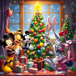 Mickey Mouse, Simba, Sylvester, Tweety, Bugs Bunny, Donald Duck, Spider-Man, and the Pink Panther joyfully celebrating Christmas around a beautifully decorated Christmas tree
