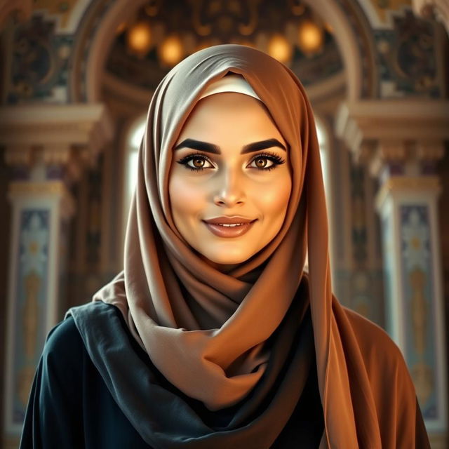 A beautiful Arab woman wearing traditional Islamic attire, such as a hijab and flowing abaya, styled elegantly with a touch of modern fashion