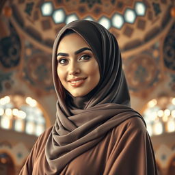 A beautiful Arab woman wearing traditional Islamic attire, such as a hijab and flowing abaya, styled elegantly with a touch of modern fashion