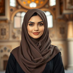 A beautiful Arab woman wearing traditional Islamic attire, such as a hijab and flowing abaya, styled elegantly with a touch of modern fashion