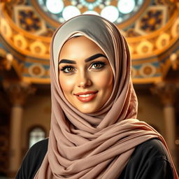 A beautiful Arab woman wearing traditional Islamic attire, such as a hijab and flowing abaya, styled elegantly with a touch of modern fashion