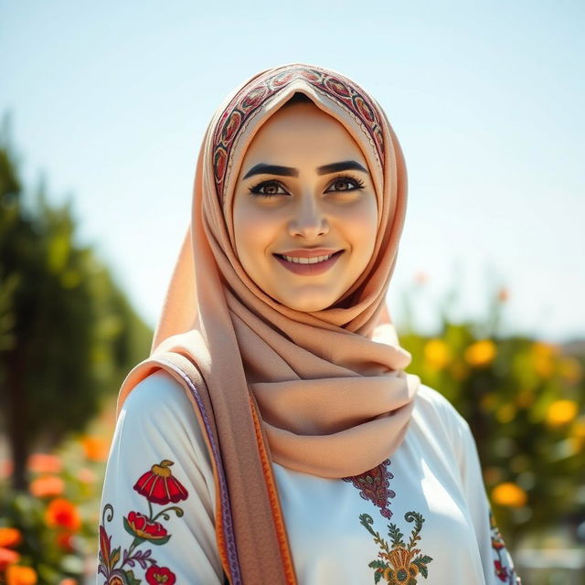 A beautiful Arab woman in traditional religious attire, featuring a stylish hijab adorned with intricate patterns, colorful embroidery