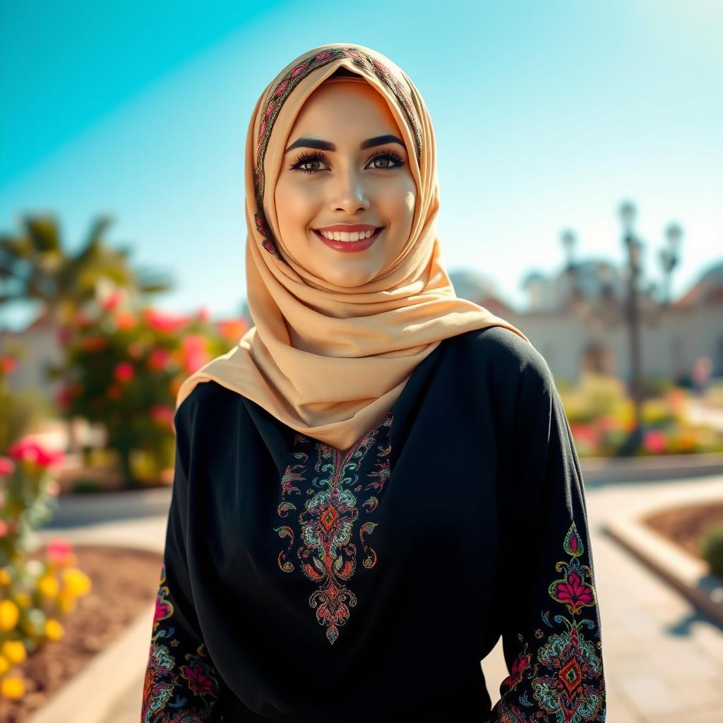 A beautiful Arab woman in traditional religious attire, featuring a stylish hijab adorned with intricate patterns, colorful embroidery