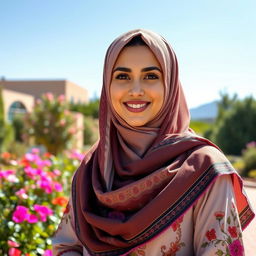 A beautiful Arab woman in traditional religious attire, featuring a stylish hijab adorned with intricate patterns, colorful embroidery
