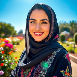 A beautiful Arab woman in traditional religious attire, featuring a stylish hijab adorned with intricate patterns, colorful embroidery
