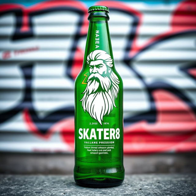 A Heineken-style bottle design featuring a custom logo named 'SKATER168' alongside a depiction of Zeus