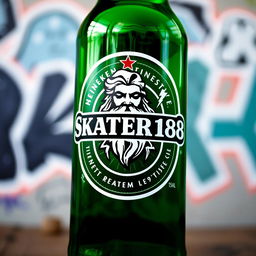 A Heineken-style bottle design featuring a custom logo named 'SKATER168' alongside a depiction of Zeus