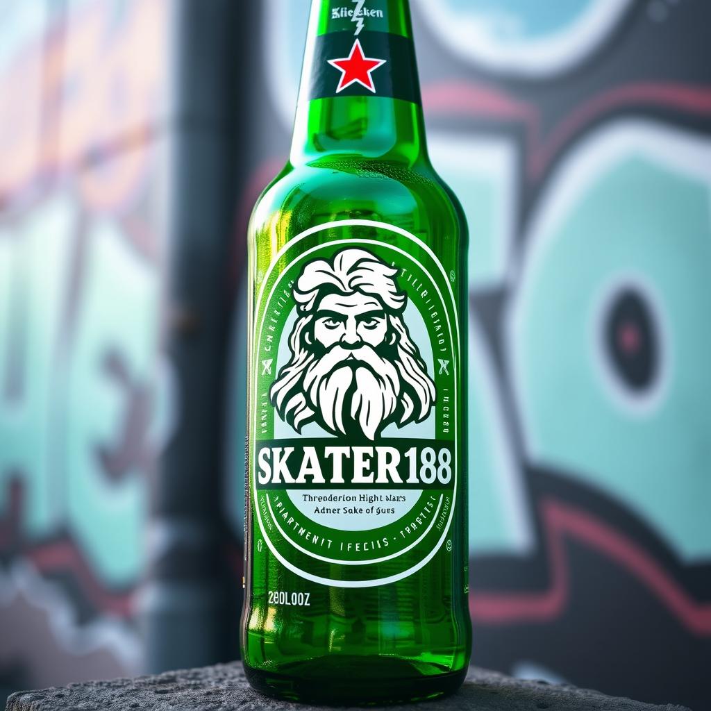 A Heineken-style bottle design featuring a custom logo named 'SKATER168' alongside a depiction of Zeus