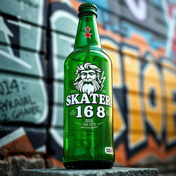 A custom Heineken-style bottle design featuring the logo 'SKATER 1 6 8' alongside an artistic representation of Zeus