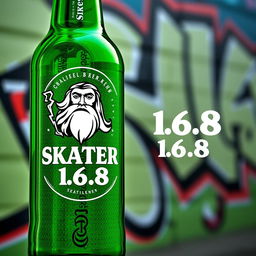 A custom Heineken-style bottle design featuring the logo 'SKATER 1 6 8' alongside an artistic representation of Zeus