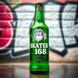 A custom Heineken-style bottle design featuring the logo 'SKATER 1 6 8' alongside an artistic representation of Zeus