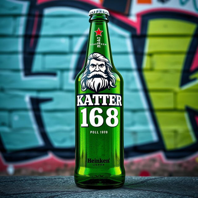 A custom Heineken-style bottle design featuring the logo 'SKATER 1 6 8' alongside an artistic representation of Zeus