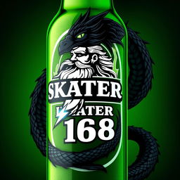 A Heineken-style bottle design featuring the logo 'SKATER 1 6 8' along with a striking illustration of Zeus