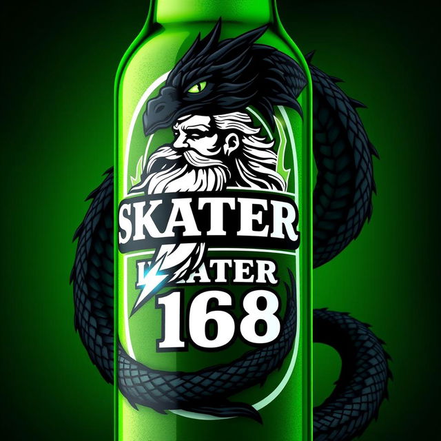 A Heineken-style bottle design featuring the logo 'SKATER 1 6 8' along with a striking illustration of Zeus