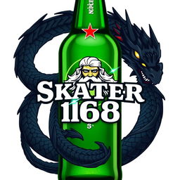 A Heineken-style bottle design featuring the logo 'SKATER 1 6 8' along with a striking illustration of Zeus