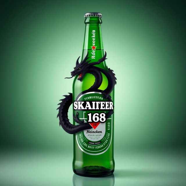 A realistic depiction of a Heineken bottle featuring a custom logo with a black dragon and the name 'SKATER 1 6 8'