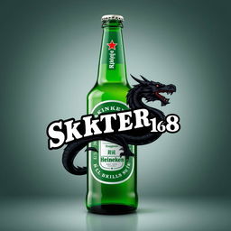 A realistic depiction of a Heineken bottle featuring a custom logo with a black dragon and the name 'SKATER 1 6 8'