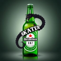 A realistic depiction of a Heineken bottle featuring a custom logo with a black dragon and the name 'SKATER 1 6 8'