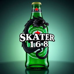 A realistic depiction of a Heineken bottle featuring a custom logo with a black dragon and the name 'SKATER 1 6 8'
