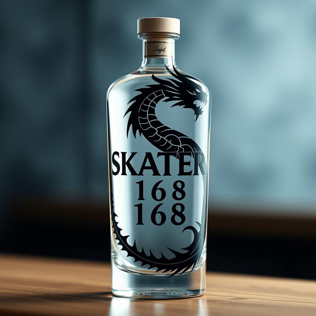 A realistic depiction of a sleek bottle featuring a custom logo with a black dragon and the name 'SKATER 1 6 8'