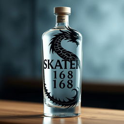 A realistic depiction of a sleek bottle featuring a custom logo with a black dragon and the name 'SKATER 1 6 8'