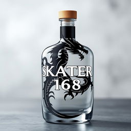 A realistic depiction of a sleek bottle featuring a custom logo with a black dragon and the name 'SKATER 1 6 8'