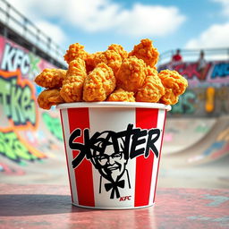 A bucket of KFC fried chicken, filled to the brim with crispy, golden pieces of chicken, prominently featuring the KFC logo on the bucket