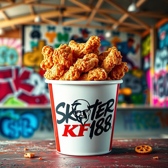 A bucket of KFC fried chicken, filled to the brim with crispy, golden pieces of chicken, prominently featuring the KFC logo on the bucket