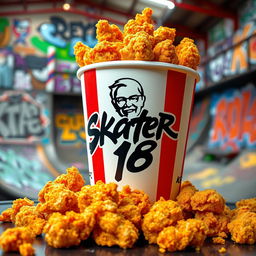 A bucket of KFC fried chicken, filled to the brim with crispy, golden pieces of chicken, prominently featuring the KFC logo on the bucket