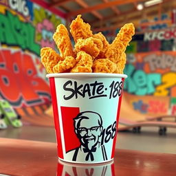 A bucket of KFC fried chicken, filled to the brim with crispy, golden pieces of chicken, prominently featuring the KFC logo on the bucket