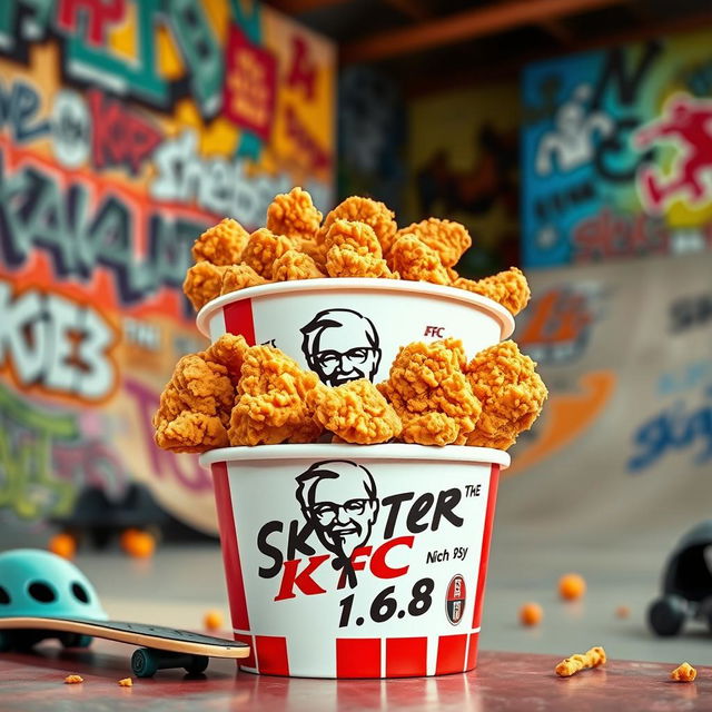 A bucket of KFC fried chicken filled with crispy, golden pieces, prominently featuring the iconic KFC logo