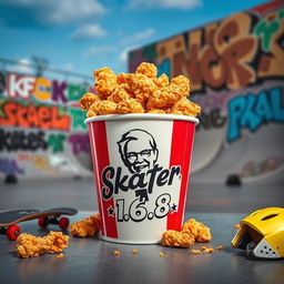 A bucket of KFC fried chicken filled with crispy, golden pieces, prominently featuring the iconic KFC logo
